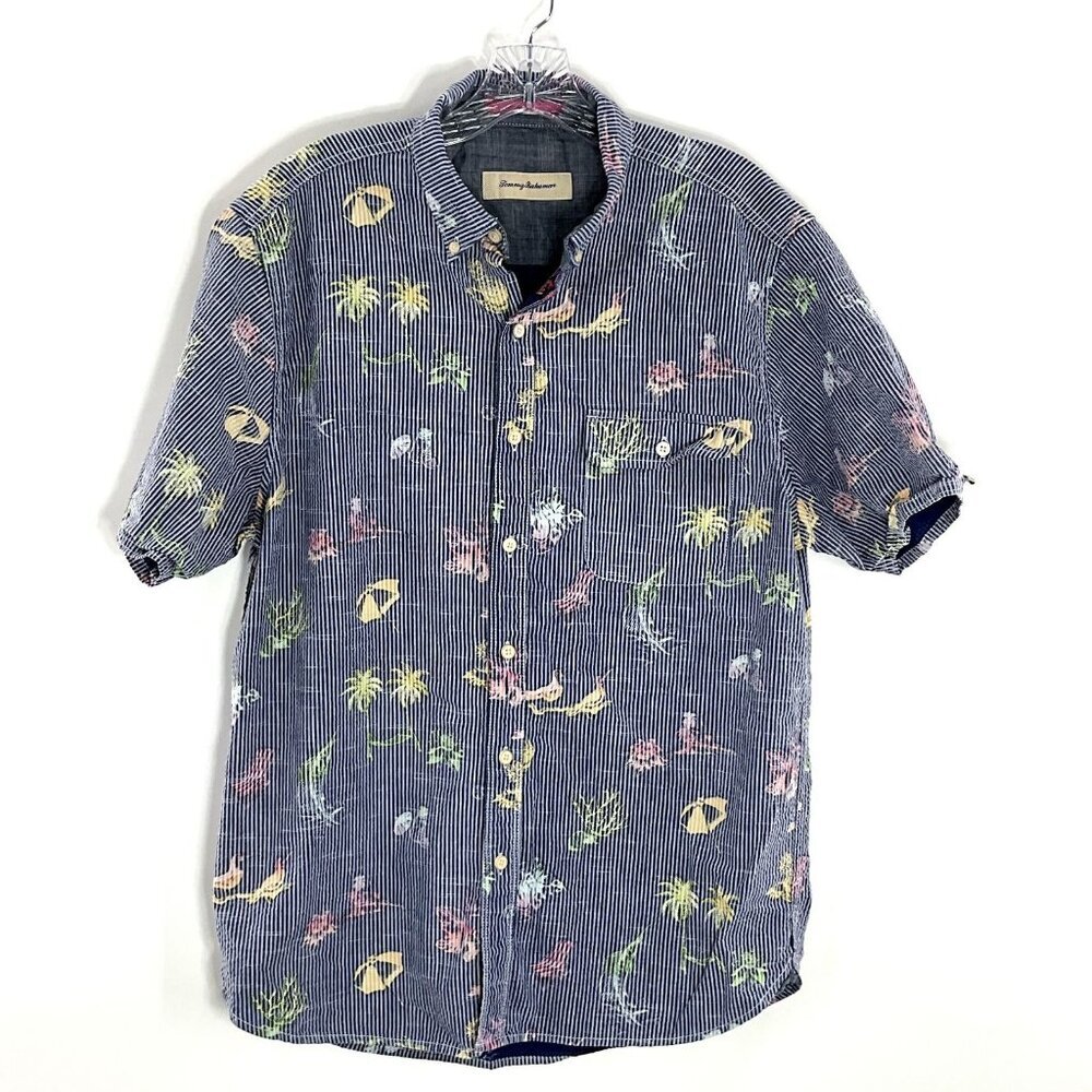 Tommy Bahama Shirt Men M Cotton‎ Button Down Striped Print Travel Vacation
